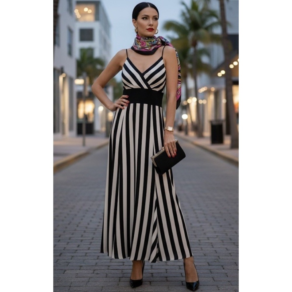 Vintage Y2K JAEGER Silk Empire Waist B/W Stripe Spaghetti Strap Dress UK 10 US 6